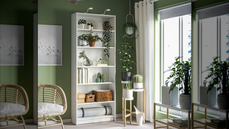 Billy bookcase in living room with books and plants