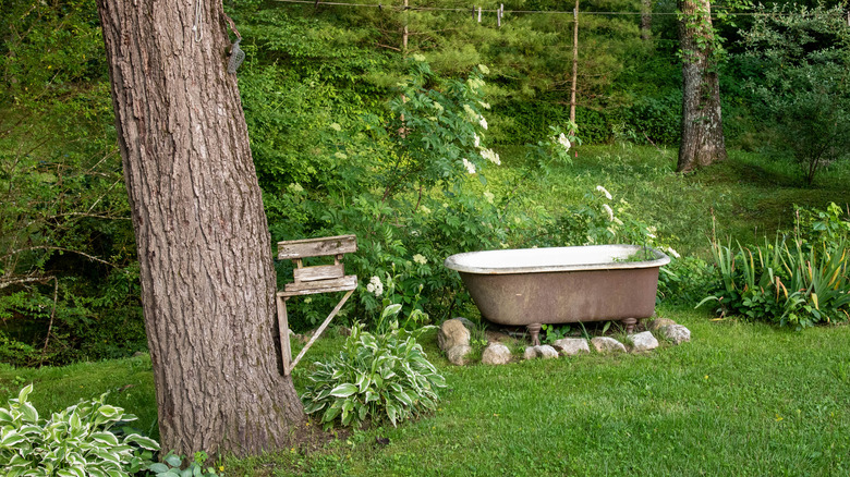 clawfoot tub in garden