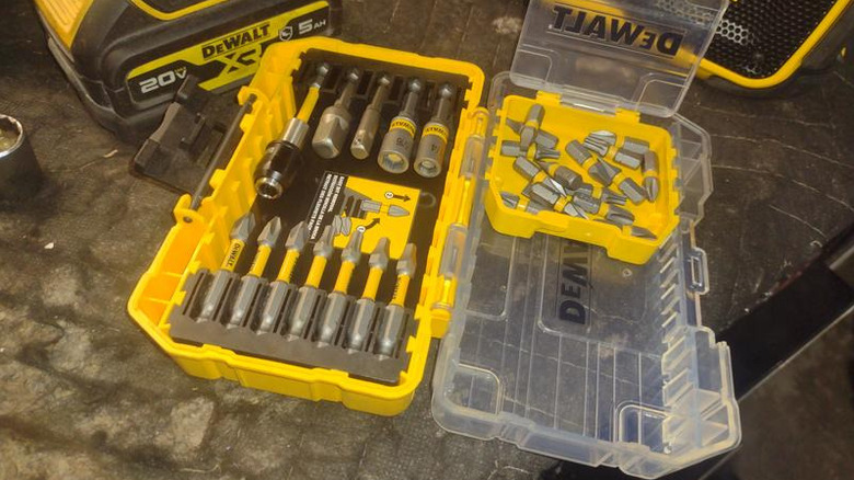 Open DeWalt screwddriving bit set with various steel bits inside