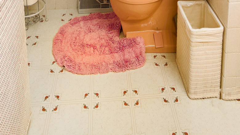 Vintage bathroom with an outdated toilet lid shaggy cover