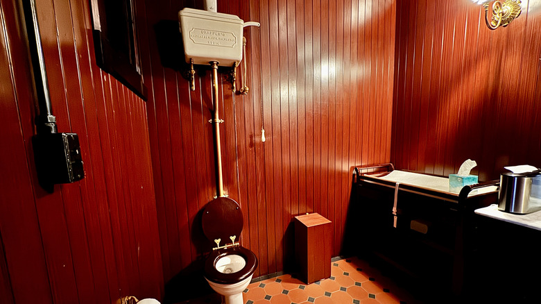 High-tank, pull-chain toilet in Victorian bathroom