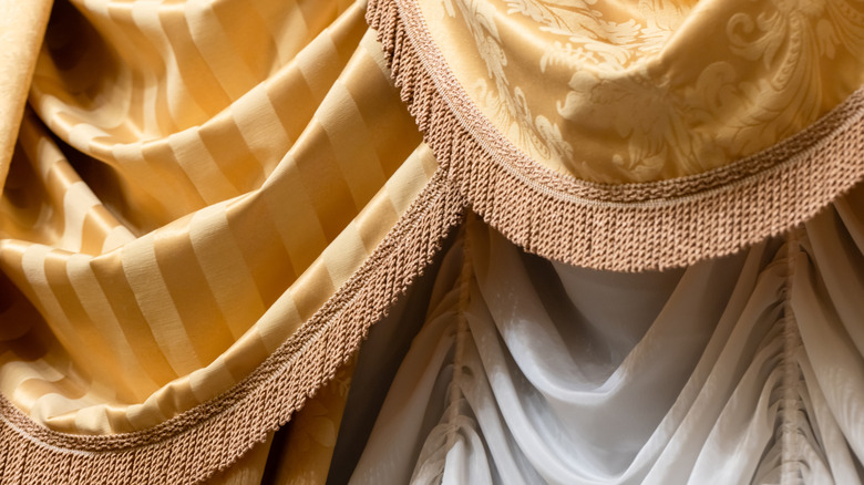 Heavy yellow and mustard striped damask fabric curtains