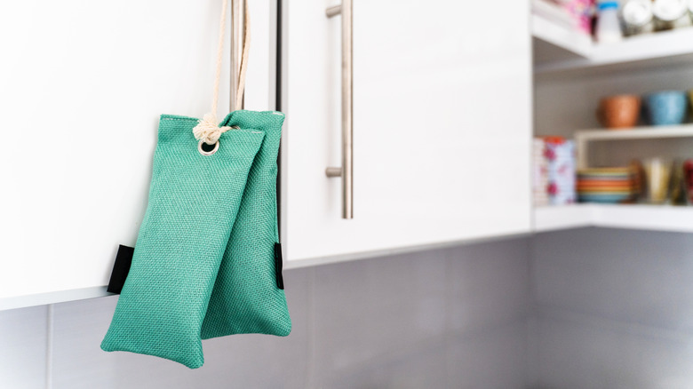 Moisture-absorbing bags hanging in a kitchen