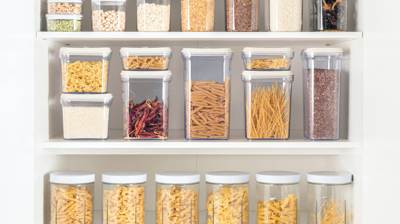 Pantry with food in clear airtight storage containers
