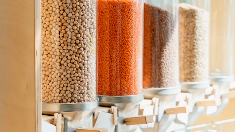 Dry cereal and food dispensers in a row