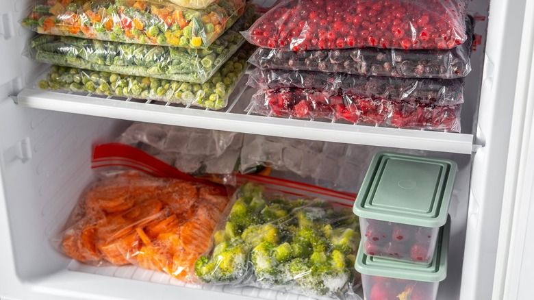 Portioned food in freezer bags in the freezer