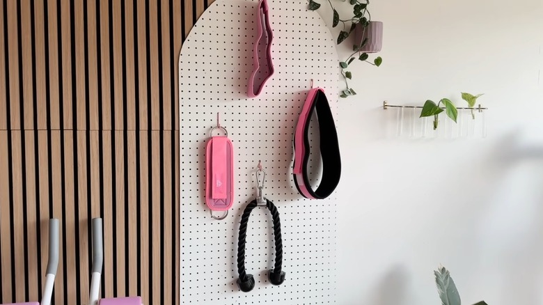 Home gym pegboard wall next to plants
