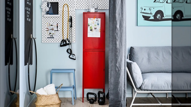Red IKEA locker in home gym space