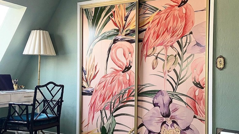 Flamingo wallpaper on sliding closet doors