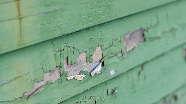 Teal paint peelings off wall