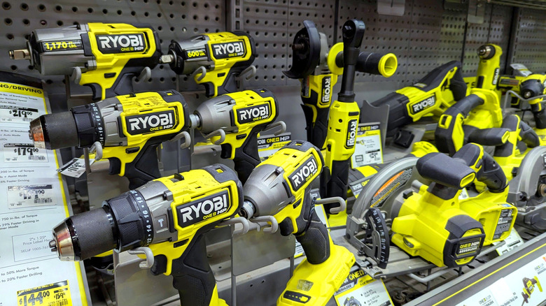 Ryobi tools on display at a hardware store