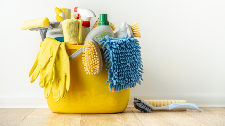 Bucket of cleaning supplies
