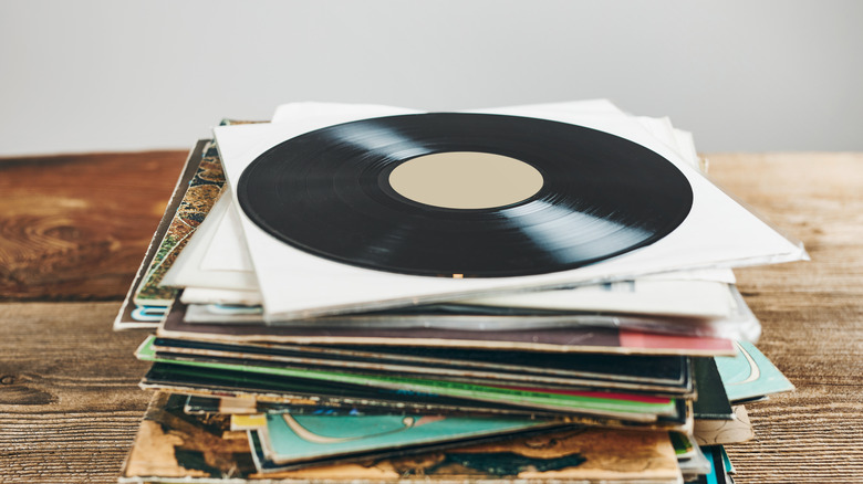 Close up of stack of vinyl records