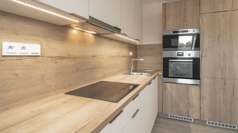 This countertop/backsplash combo is all wood.