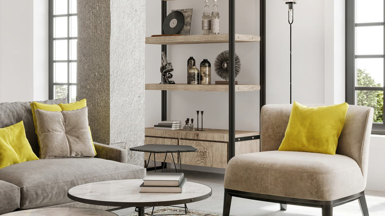 A modern apartment with a metal-framed shelving set on the wall