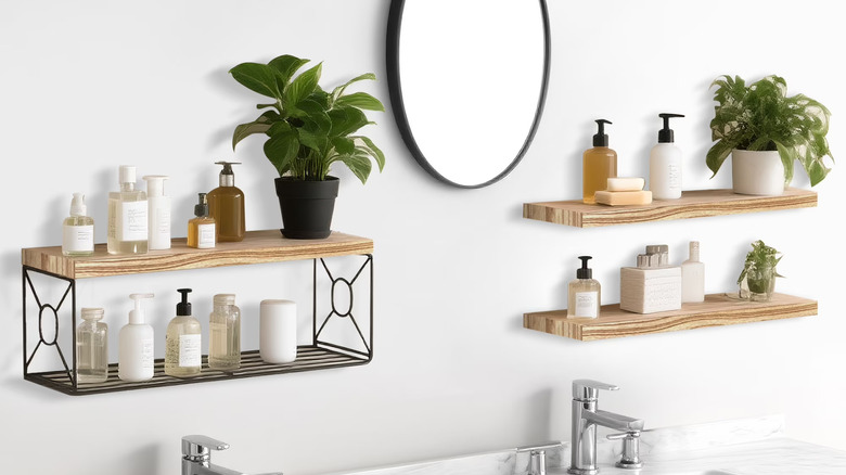 Cshidworld's Floating Shelf set arranged on a bathroom wall above a double vanity