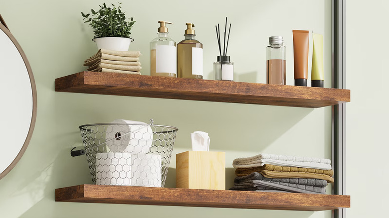 Bathroom supplies organized on Fairy's 2-piece Floating Shelf Kit