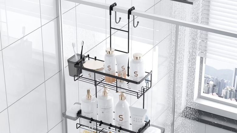 Shower supplies organized neatly with Tinana's Over-Door Shower Caddy
