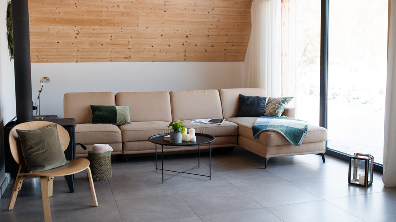 Minimalist living room with tiled flooring