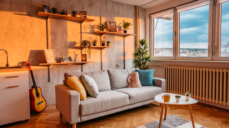 Small apartment living room with vertical shelves