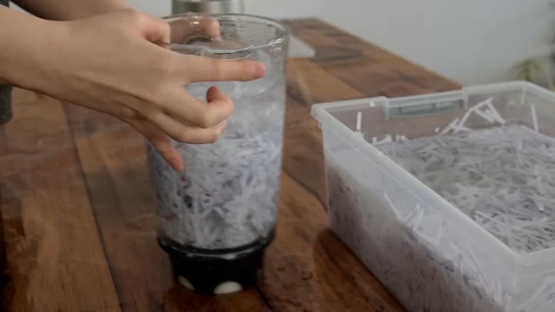 Person making homemade paper pulp