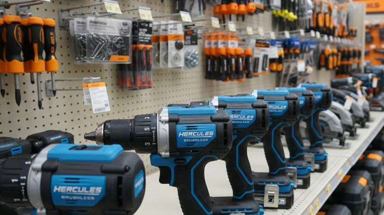 A line of Hercules drills at Harbor Freight on store shelves.