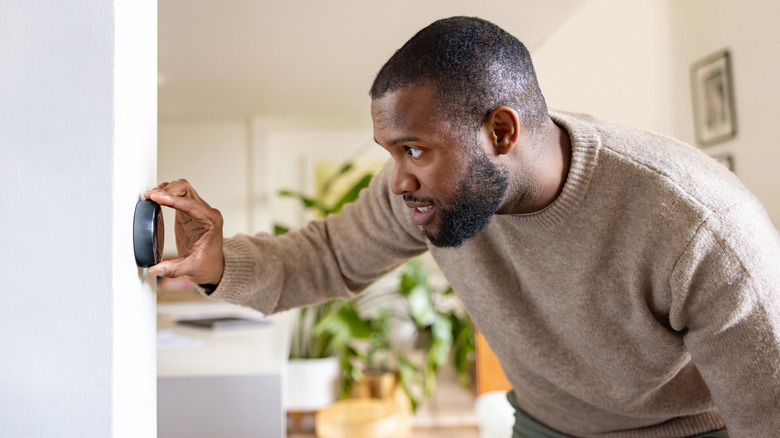 A man changes a home's thermostat, plants in the background