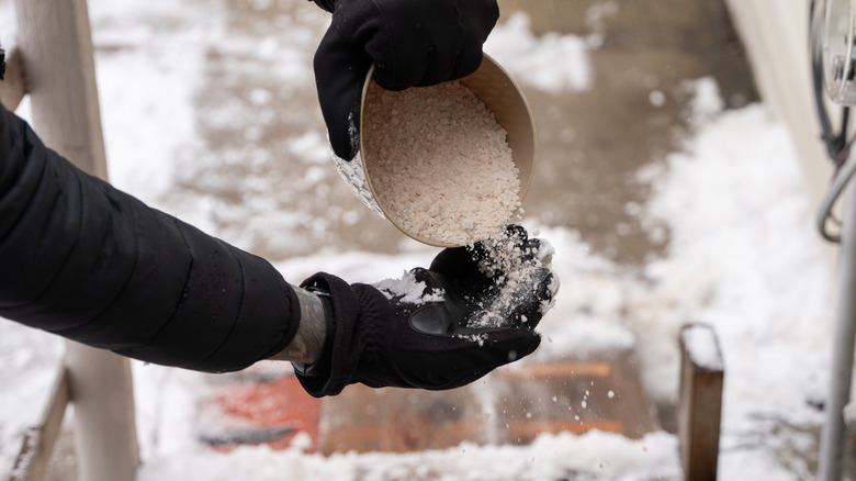 Person pouring ice melt into a gloved hand