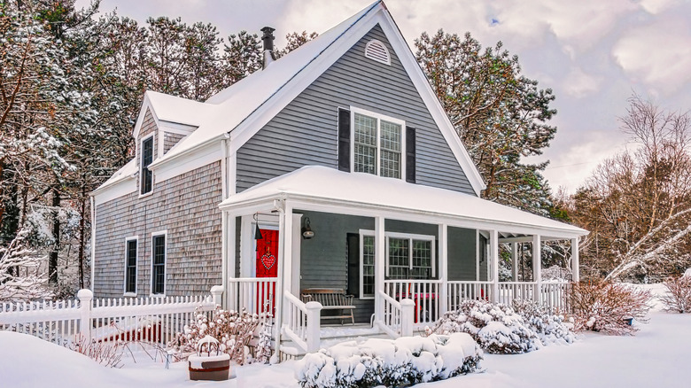 Cape Cod-style house with snow covering the bushes and ground