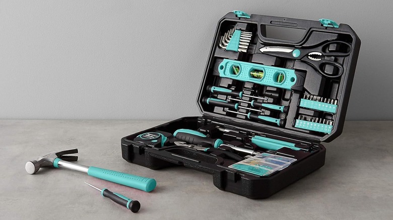 Amazon Basics' 142-Piece Household Tool Kit in turquoise