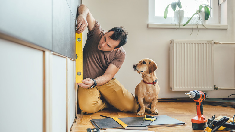 A man doing renovation work with his dog sitting beside him