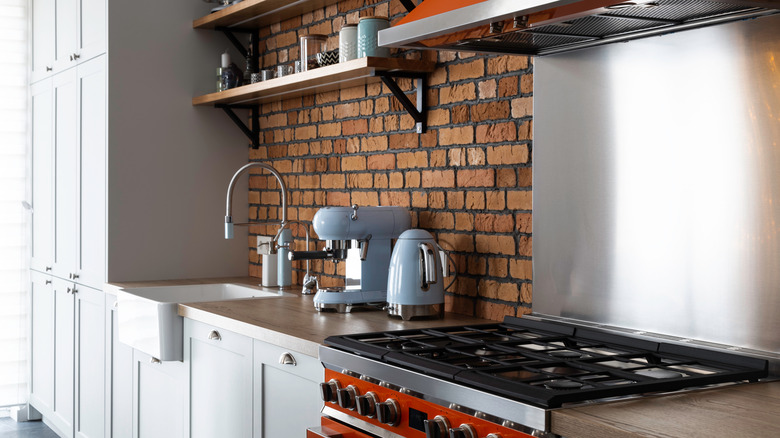 Brick backsplash in stainless steel kitchen