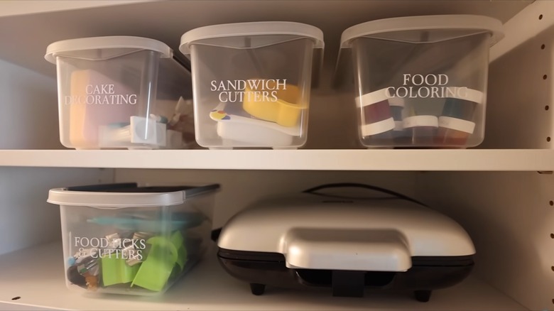 Cake baking supplies in pantry boxes