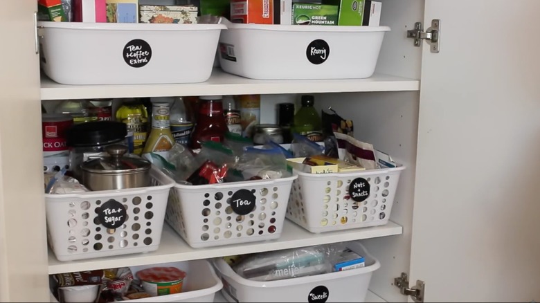 Deep pantry with Dollar Tree bins for organization