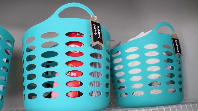 Laundry baskets for storage on top pantry shelves