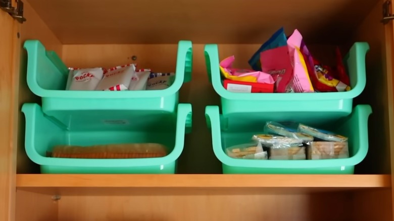 Stackable open storage bins in kitchen pantry