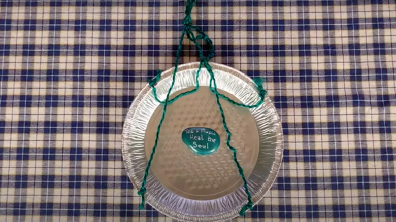 tin pie can hanging by yellow string with bird feed in it