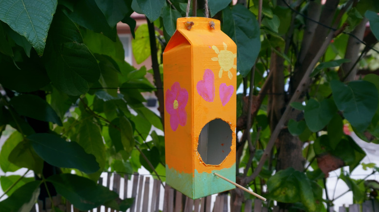 hanging orange bird house with wood stick perch
