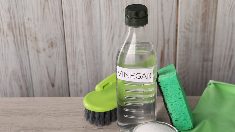 Clear plastic bottle with a label that says vinegar next to green colored cleaning tools