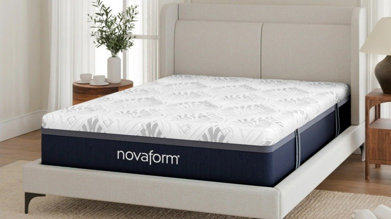 Novaform mattress on a beige bed frame in a bedroom with natural light