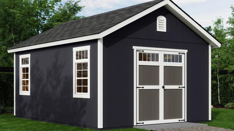 Yardline Piermont wood storage shed in a backyard on a sunny day