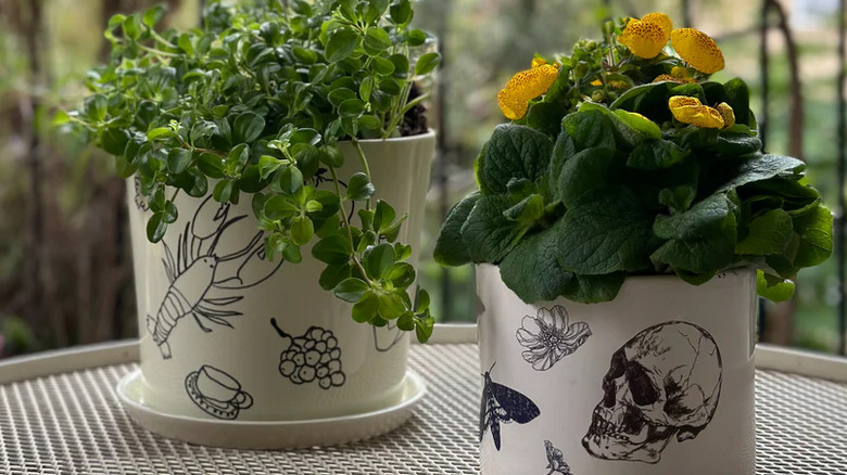 White ceramic plant pots with black tattoo doodles