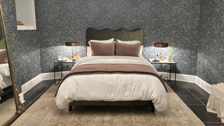 Bedroom with blue floral wallpaper