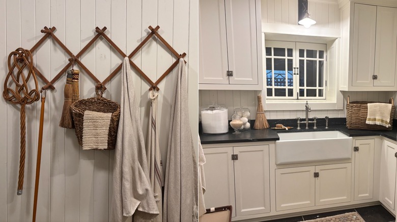 Split image of laundry room rack and a shot of the full laundry room