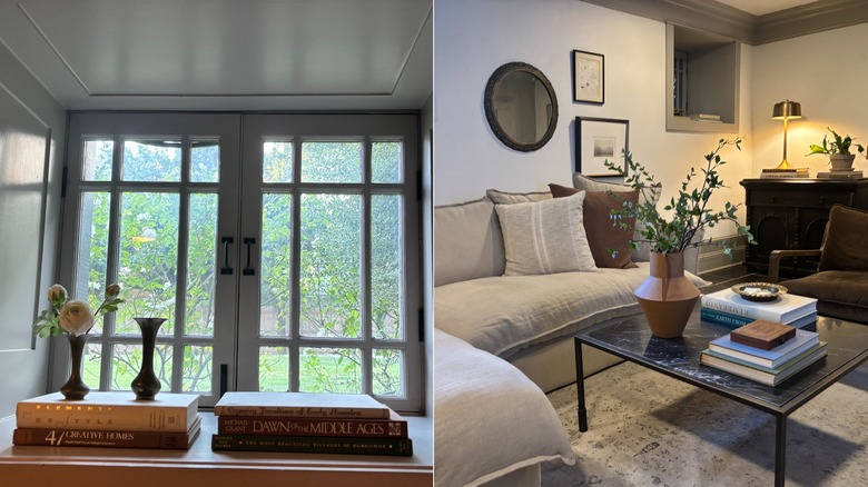 Split image of a window cubby with books and a cozy living room