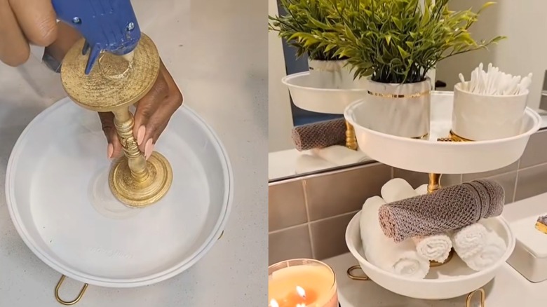 DIY dollar store organizer in bathroom in progress and final product