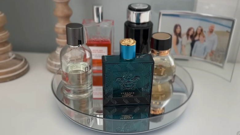 Vanity with perfume bottles in dollar store lazy Susan
