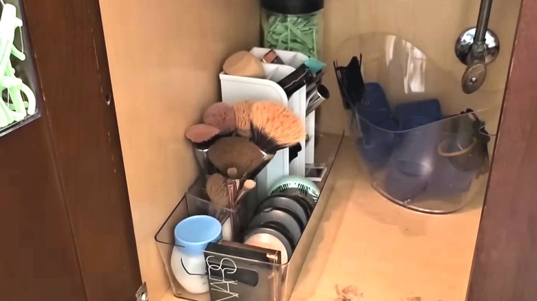 Kitchen refrigerator bins in bathroom sink with cosmetics and makeup brushes