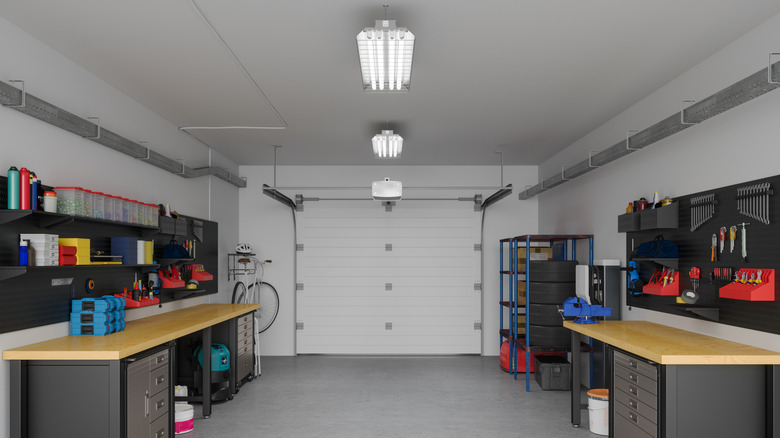 Garage with multiple lights on the ceiling