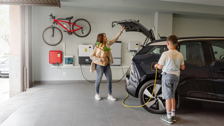EV charging station charging car in family garage
